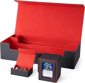 Venssu MTG Deck Box Holds 5 Display Card Deck Boxes with Playmat and Dice Box,Includes 10 colorful dividers and 1 card supporter, Trading Card Storage Box For Magic Game Cards (Black and Red)
