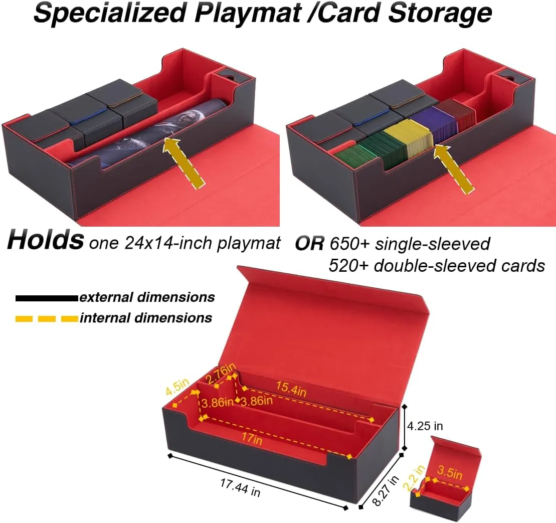 Venssu MTG Deck Box Holds 5 Display Card Deck Boxes with Playmat and Dice Box,Includes 10 colorful dividers and 1 card supporter, Trading Card Storage Box For Magic Game Cards (Black and Red)