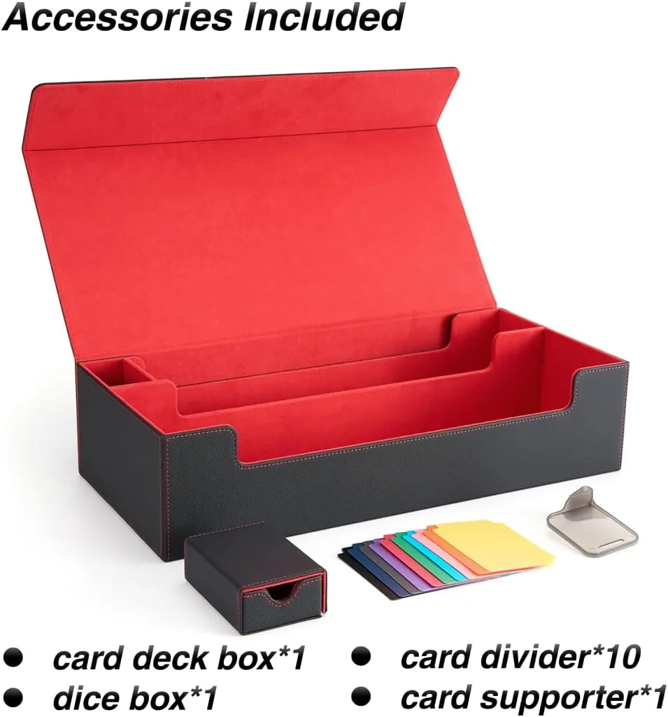 Venssu MTG Deck Box Holds 5 Display Card Deck Boxes with Playmat and Dice Box,Includes 10 colorful dividers and 1 card supporter, Trading Card Storage Box For Magic Game Cards (Black and Red)