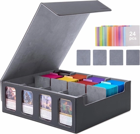 Venssu Card Storage Box for Trading Cards with Card Supporters, 3000  MTG Deck Box with 24 Colorful Divider Tabs, Trading Card Storage with Viewing Windows Fits for Magic Game(Black and Grey)
