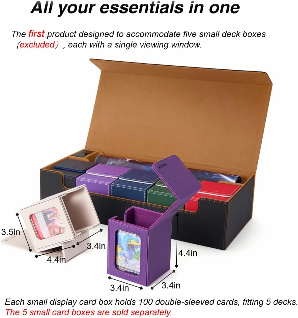 Venssu MTG Deck Box Holds 5 Display Card Deck Boxes with Playmat and Dice Box,Includes 10 colorful dividers and 1 card supporter, Trading Card Storage Box For Magic Game Cards(Black and Brown)