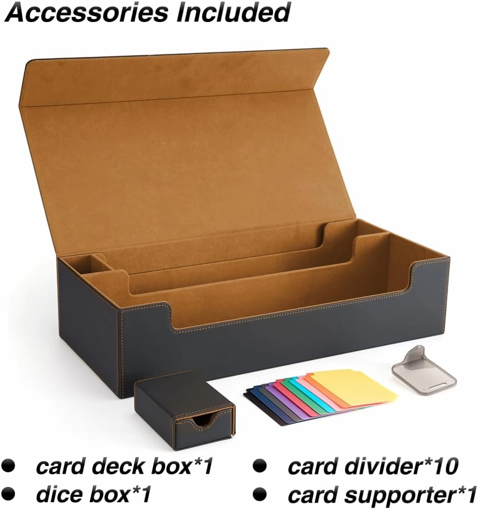 Venssu MTG Deck Box Holds 5 Display Card Deck Boxes with Playmat and Dice Box,Includes 10 colorful dividers and 1 card supporter, Trading Card Storage Box For Magic Game Cards(Black and Brown)