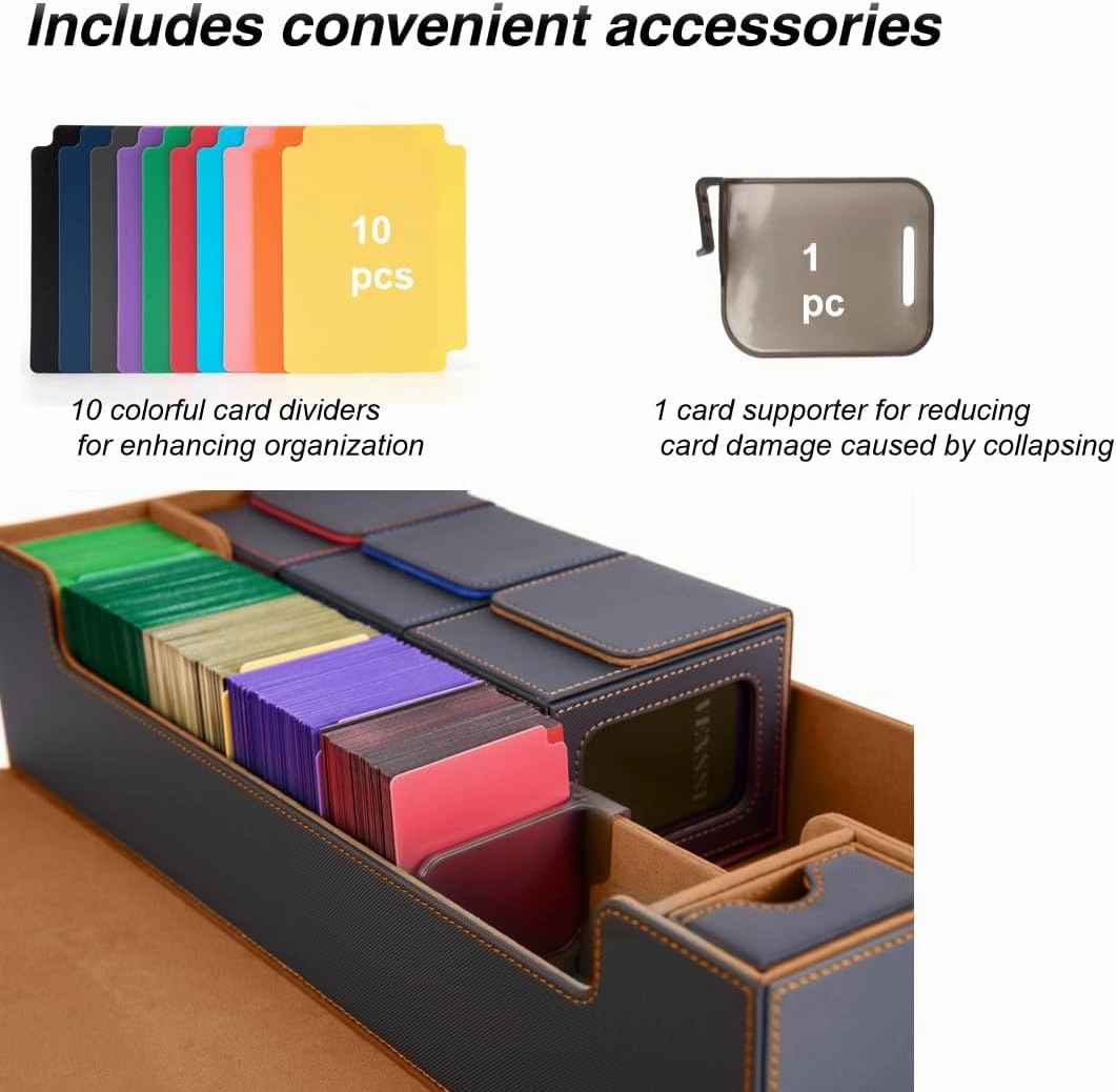 Venssu MTG Deck Box Holds 5 Display Card Deck Boxes with Playmat and Dice Box,Includes 10 colorful dividers and 1 card supporter, Trading Card Storage Box For Magic Game Cards(Black and Brown)