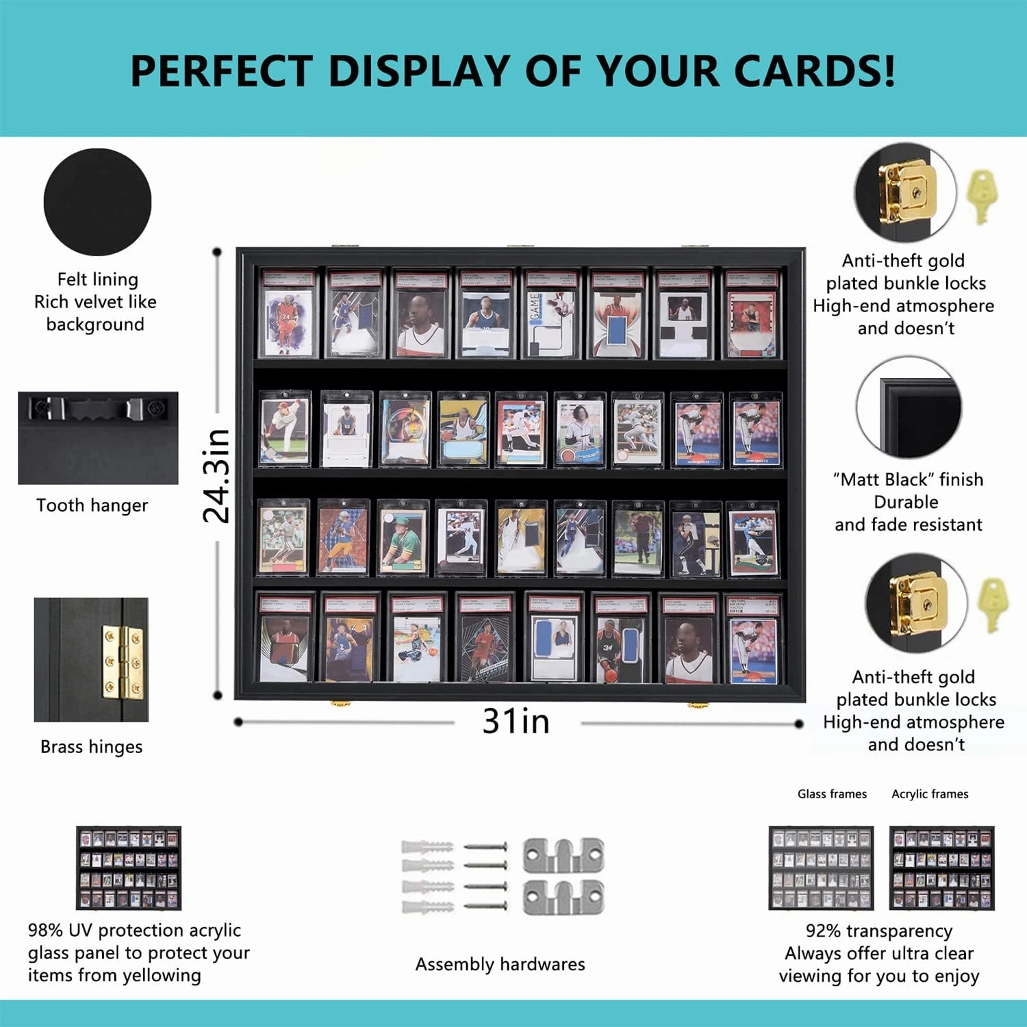 VERANI Baseball Card Display Case - 36 Graded Sports Card Display Frame - Holds Sport Cards with UV Protection Clear View Lockable Wall Cabinet for Football Basketball Trading Card Horizontal - 2Pack