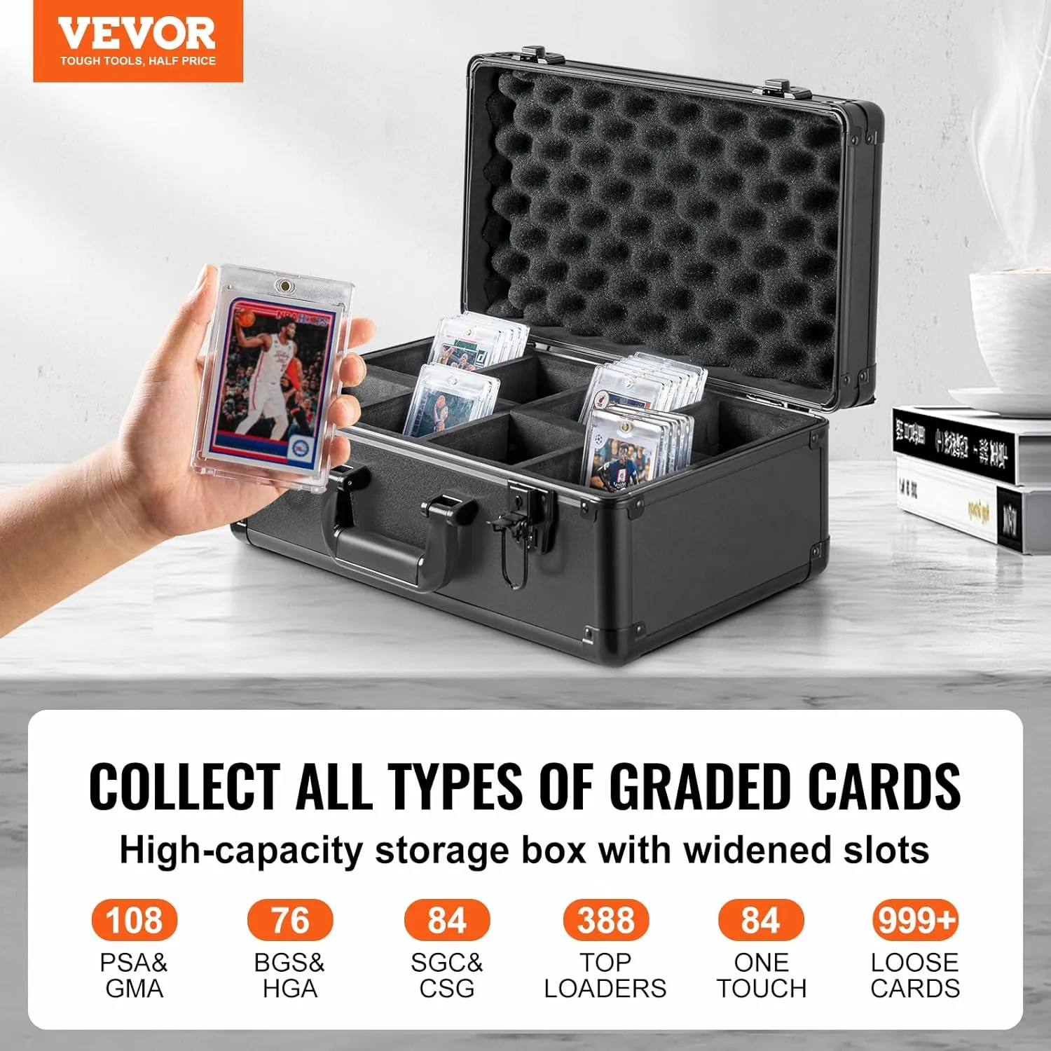 VEVOR 108 PSA Graded Card Storage Box - 4 Slot Case with Key Lock, Foam Dividers for 76 BGS, 84 SGC, 388 Top Loaders or 999  Loose Cards