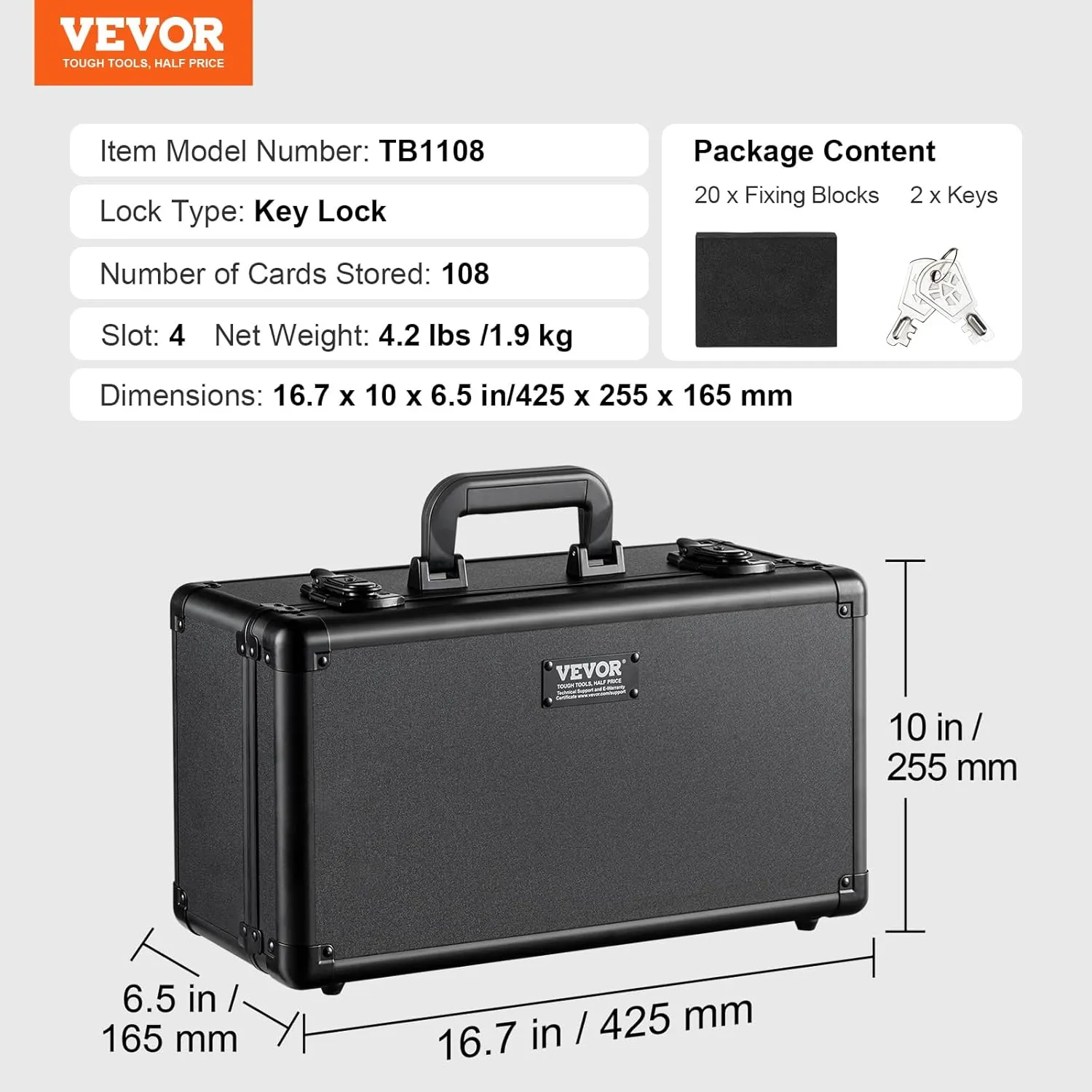 VEVOR 108 PSA Graded Card Storage Box - 4 Slot Case with Key Lock, Foam Dividers for 76 BGS, 84 SGC, 388 Top Loaders or 999  Loose Cards
