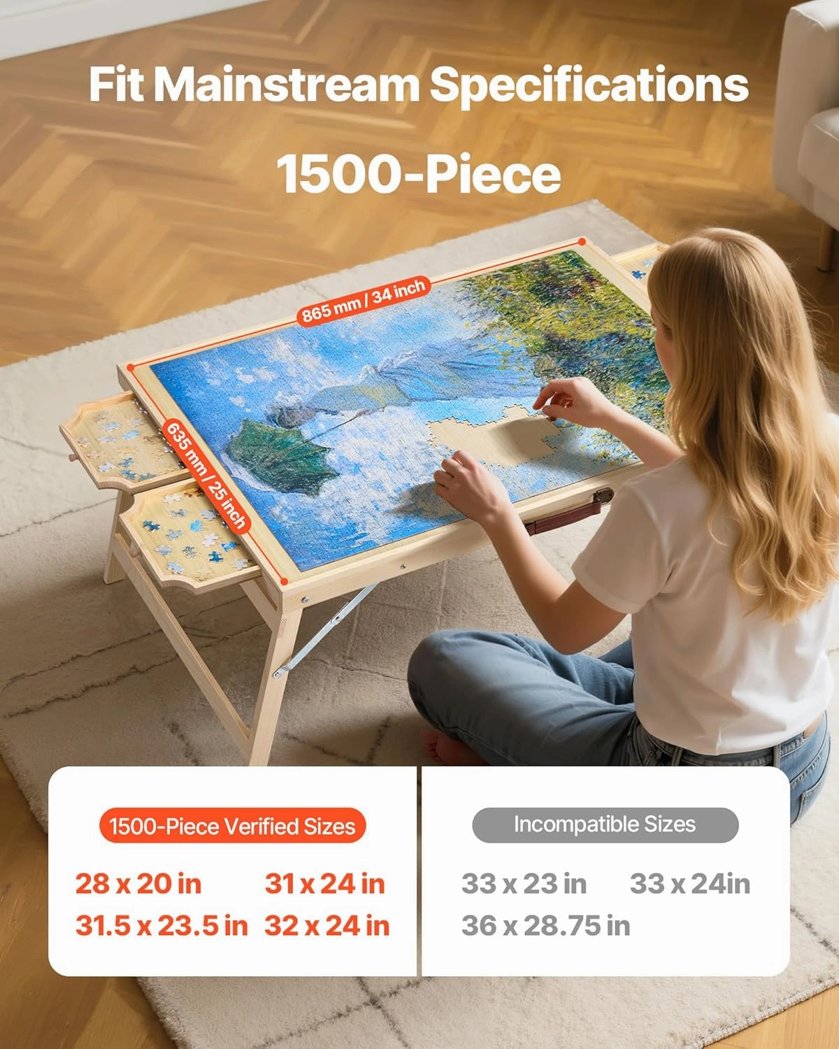 VEVOR 1500-Piece Puzzle Table with 4 Drawers, Adjustable 6-Angle Tilt, 34x25in Felt Surface Board at 16in Height, Folding Legs & Cover, Adult Jigsaw Accessories, Gift for Mom