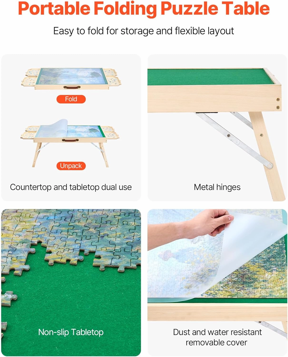 VEVOR 1500-Piece Puzzle Table with 4 Drawers, Adjustable 6-Angle Tilt, 34x25in Felt Surface Board at 16in Height, Folding Legs & Cover, Adult Jigsaw Accessories, Gift for Mom