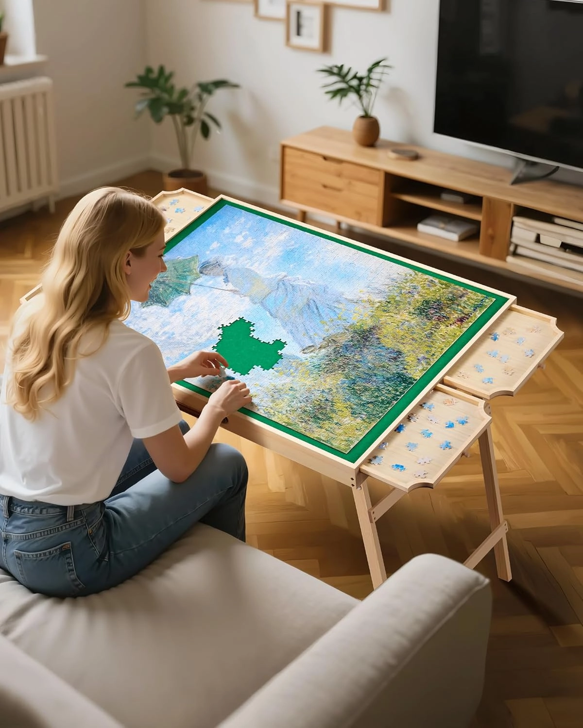 VEVOR 1500-Piece Puzzle Table with 4 Drawers, Adjustable 6-Angle Tilt, 34x25in Felt Surface Board at 26in Height, Folding Legs & Cover, Adult Jigsaw Accessories, Gift for Mom