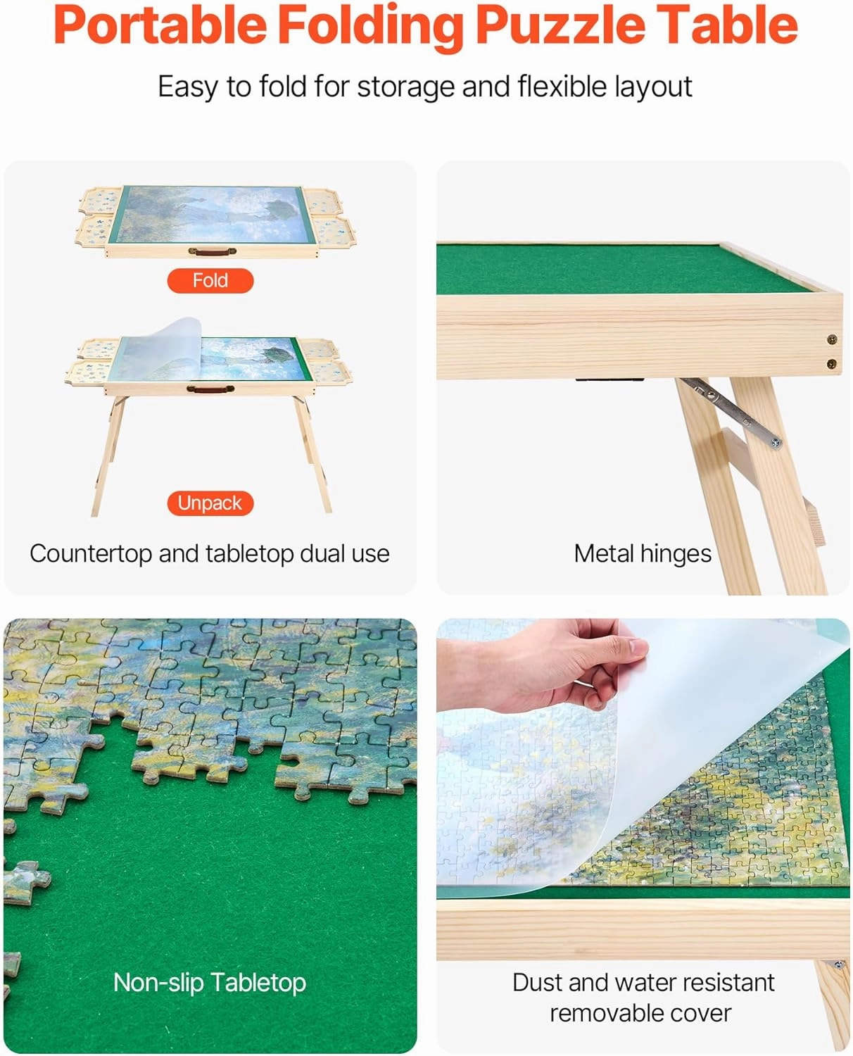 VEVOR 1500-Piece Puzzle Table with 4 Drawers, Adjustable 6-Angle Tilt, 34x25in Felt Surface Board at 26in Height, Folding Legs & Cover, Adult Jigsaw Accessories, Gift for Mom