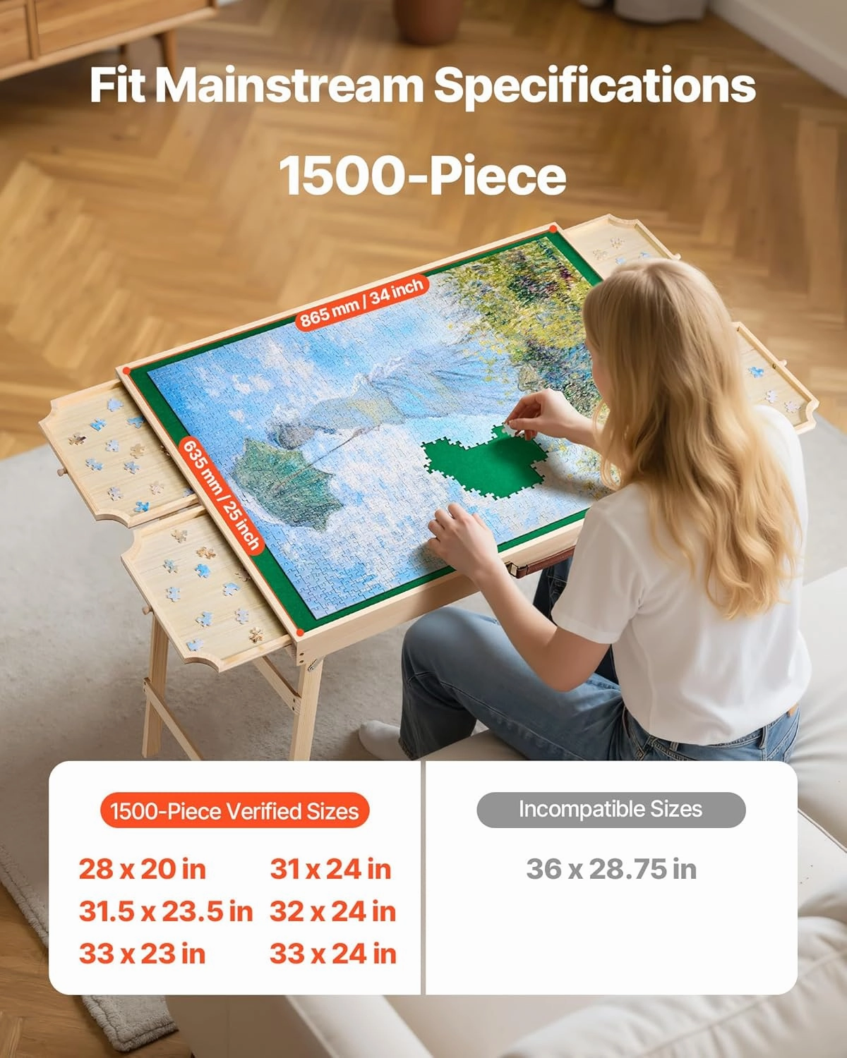 VEVOR 1500-Piece Puzzle Table with 4 Drawers, Adjustable 6-Angle Tilt, 34x25in Felt Surface Board at 26in Height, Folding Legs & Cover, Adult Jigsaw Accessories, Gift for Mom