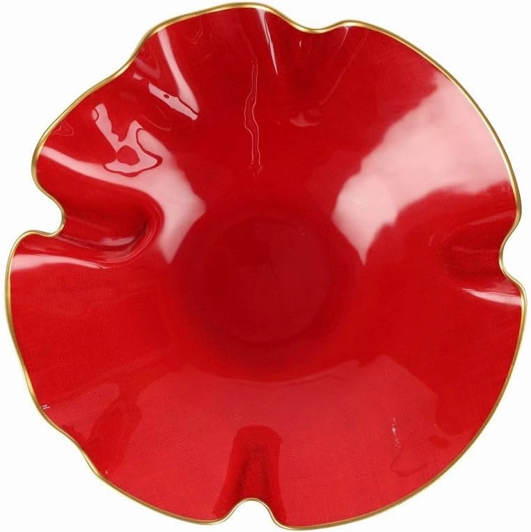 Vietri Holiday Glass Medium Ruffled Bowl - Italian Made Christmas Serving Dish Collectible, 12" D