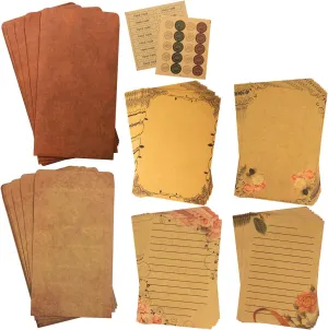 Vintage Stationary Paper   Kraft Envelopes Set with Seal Stickers (64pcs 4 Patterns 8.3 x 5.7 Writing Stationery Papers, 20pcs 2 Colors 7.9 x 4.7 Letter Envelope, 36pcs 2 Styles Rustic Seals)