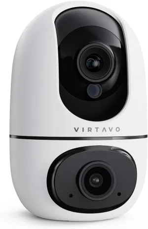 virtavo XD1 Indoor Security Camera, Dual-Lens & Split View, 360° PTZ Baby Monitor & Pet Cam, Motion Tracking, 2-Way Audio, Night Vision, Cloud/SD Storage, Phone App, 2.4GHz WiFi