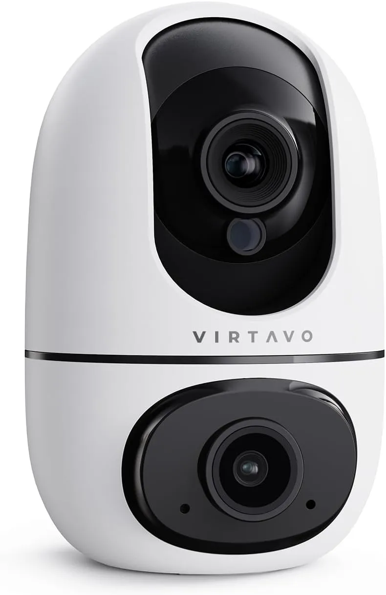 virtavo XD1 Indoor Security Camera, Dual-Lens & Split View, 360° PTZ Baby Monitor & Pet Cam, Motion Tracking, 2-Way Audio, Night Vision, Cloud/SD Storage, Phone App, 2.4GHz WiFi