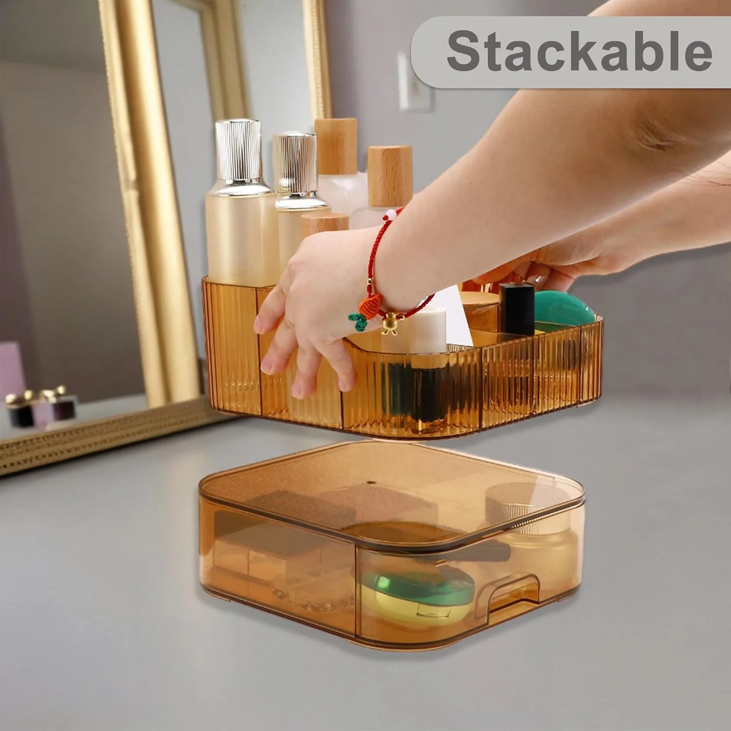 VOCOSTE 1 Set Makeup Organizer with Stackable Drawer, 7 Grids Makeup Organizer for Countertop Vanity, Skincare Organizers Cosmetic Display Cases, Amber Orange