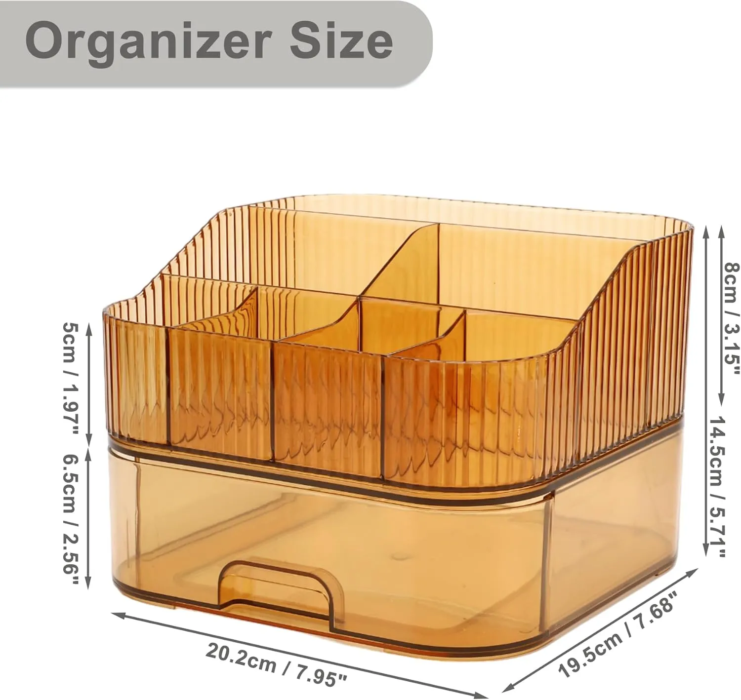 VOCOSTE 1 Set Makeup Organizer with Stackable Drawer, 7 Grids Makeup Organizer for Countertop Vanity, Skincare Organizers Cosmetic Display Cases, Amber Orange