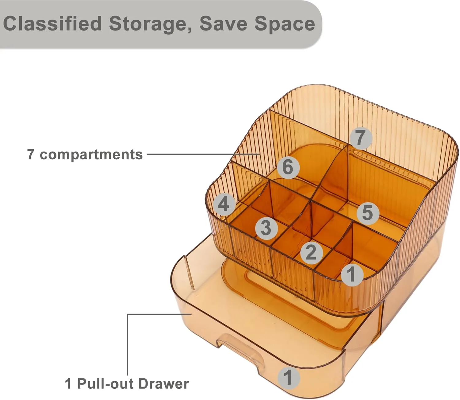 VOCOSTE 1 Set Makeup Organizer with Stackable Drawer, 7 Grids Makeup Organizer for Countertop Vanity, Skincare Organizers Cosmetic Display Cases, Amber Orange
