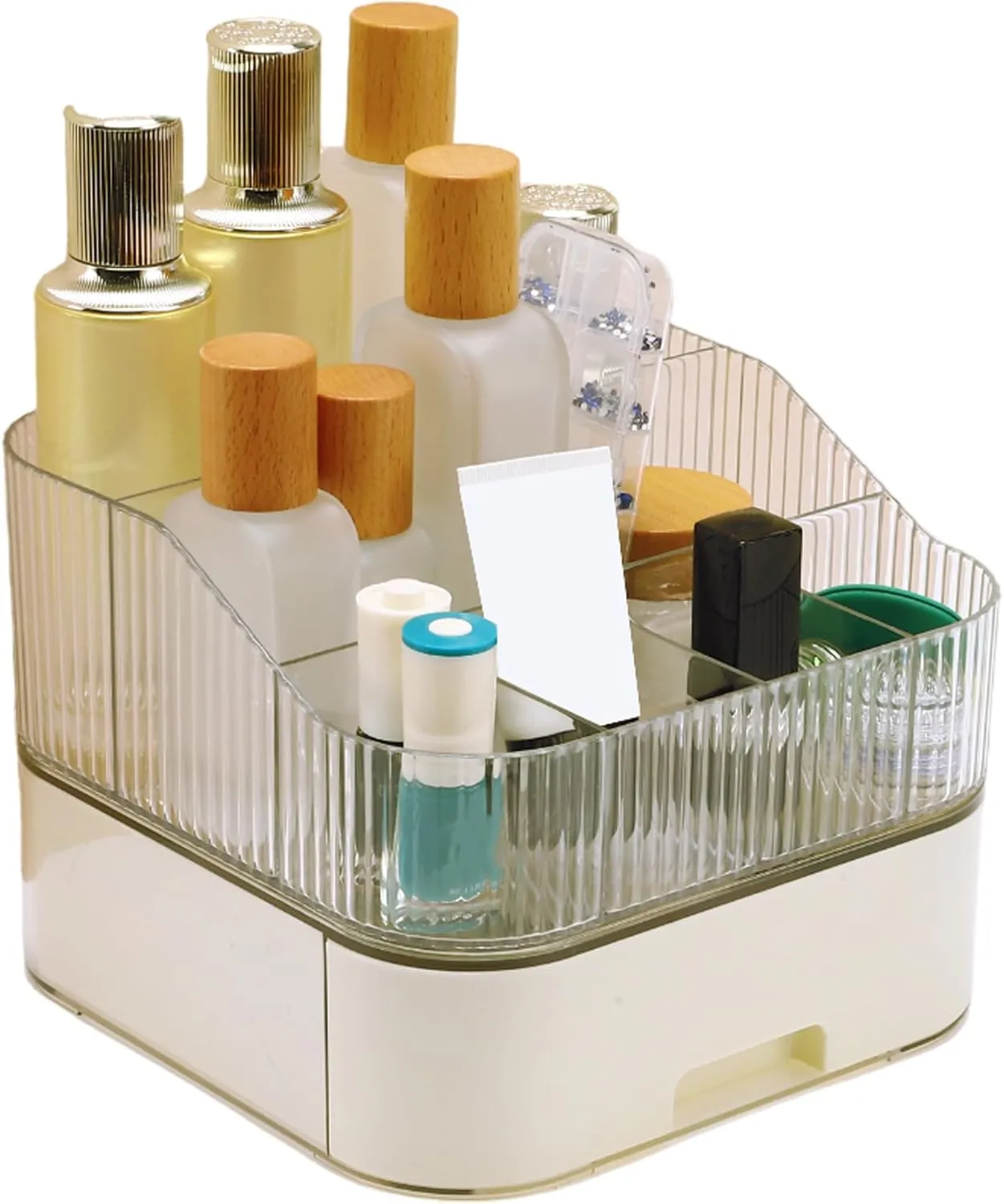 VOCOSTE 1 Set Makeup Organizer with Stackable Drawer, 7 Grids Makeup Organizer for Countertop Vanity, Skincare Organizers Cosmetic Display Cases, Clear White