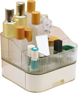 VOCOSTE 1 Set Makeup Organizer with Stackable Drawer, 7 Grids Makeup Organizer for Countertop Vanity, Skincare Organizers Cosmetic Display Cases, Clear White