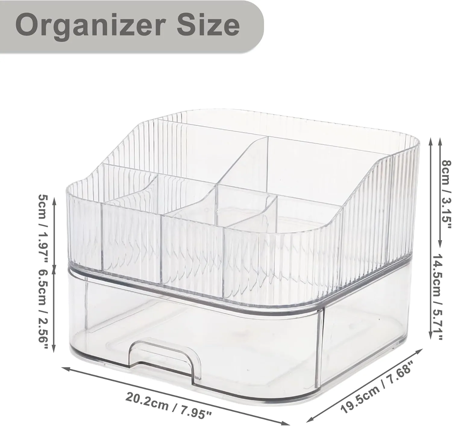 VOCOSTE 1 Set Makeup Organizer with Stackable Drawer, 7 Grids Makeup Organizer for Countertop Vanity, Skincare Organizers Cosmetic Display Cases, Clear