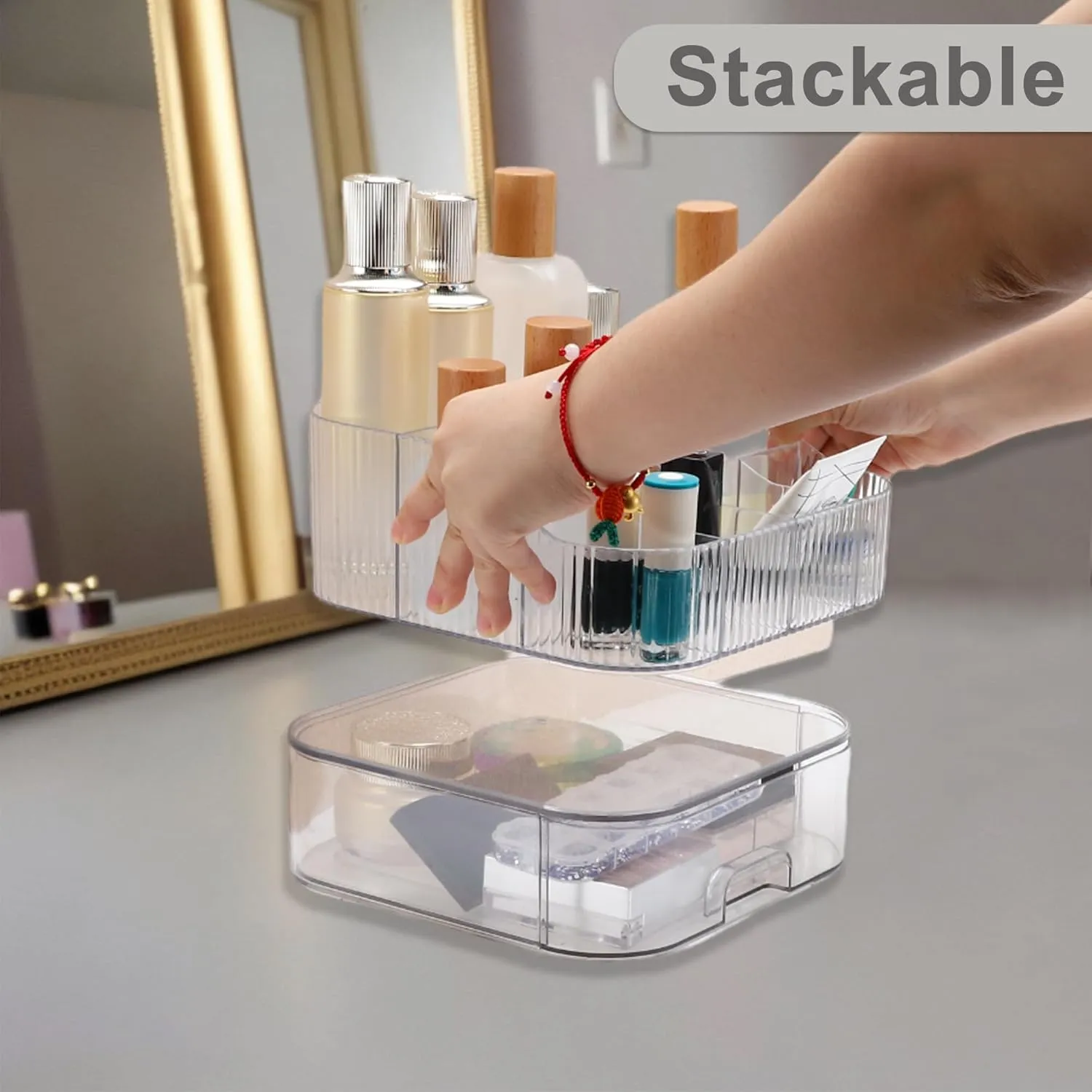 VOCOSTE 1 Set Makeup Organizer with Stackable Drawer, 7 Grids Makeup Organizer for Countertop Vanity, Skincare Organizers Cosmetic Display Cases, Clear