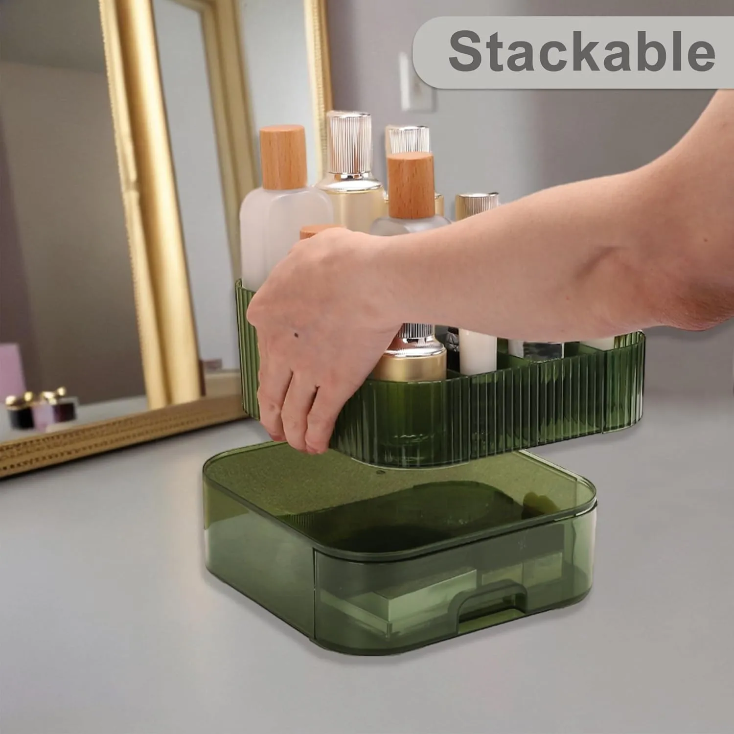 VOCOSTE 1 Set Makeup Organizer with Stackable Drawer, 7 Grids Makeup Organizer for Countertop Vanity, Skincare Organizers Cosmetic Display Cases for Lotions Lipsticks Brushes, Green