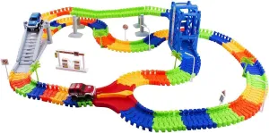 Vokodo Race Car Track Set Toy Educational Twisted Flexible Tracks 240 Pcs 2 Cars Toy with Lifter, Bridge ,Trees, Gas Station for Kids Children Toys