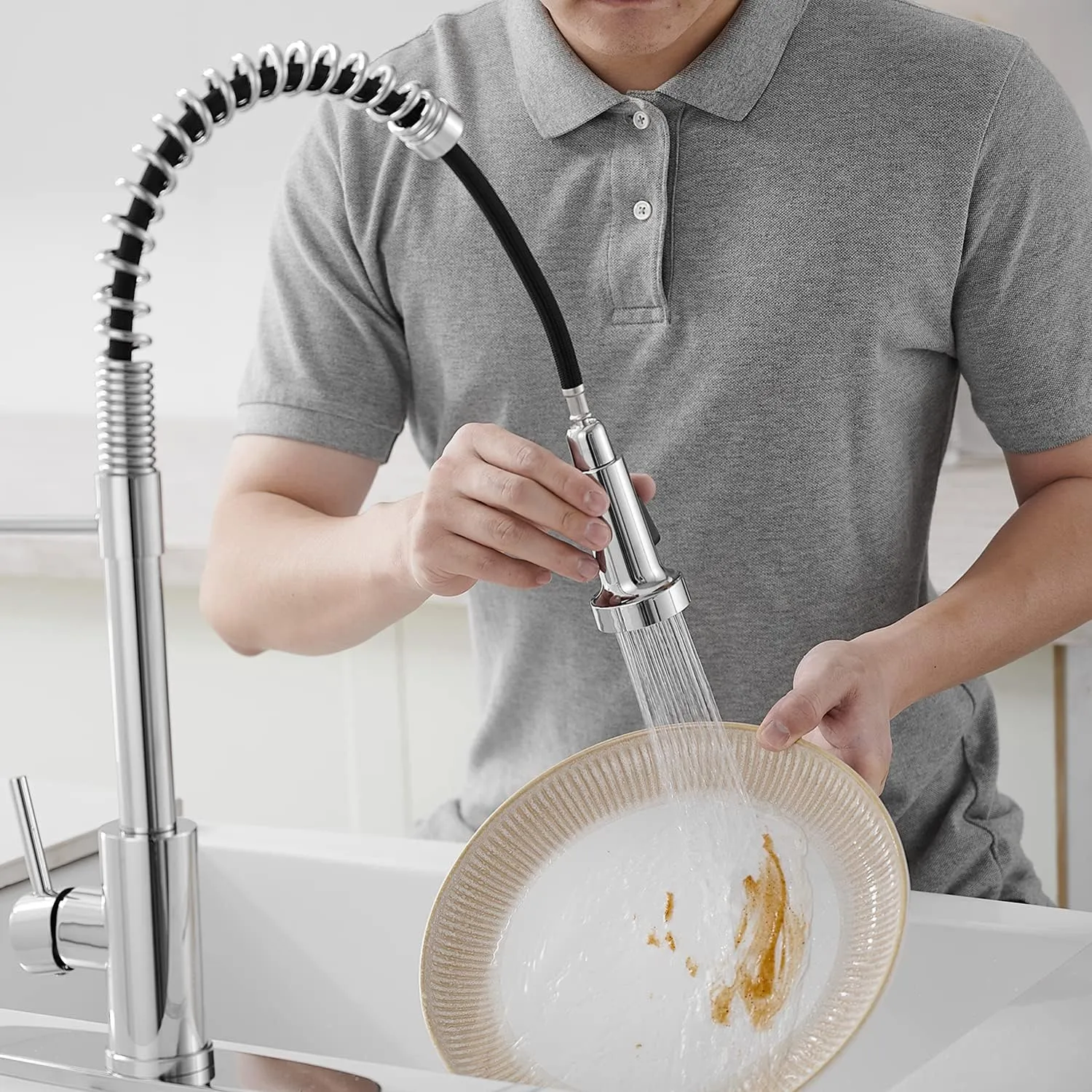 VOTON Kitchen Faucets with Pull Out Sprayer Commercial Spring Sink Faucet Stainless Steel Chrome Pull Down Single Handle Farmhouse faucets with Deck Plate for Camper Laundry Utility Rv Wet Bar