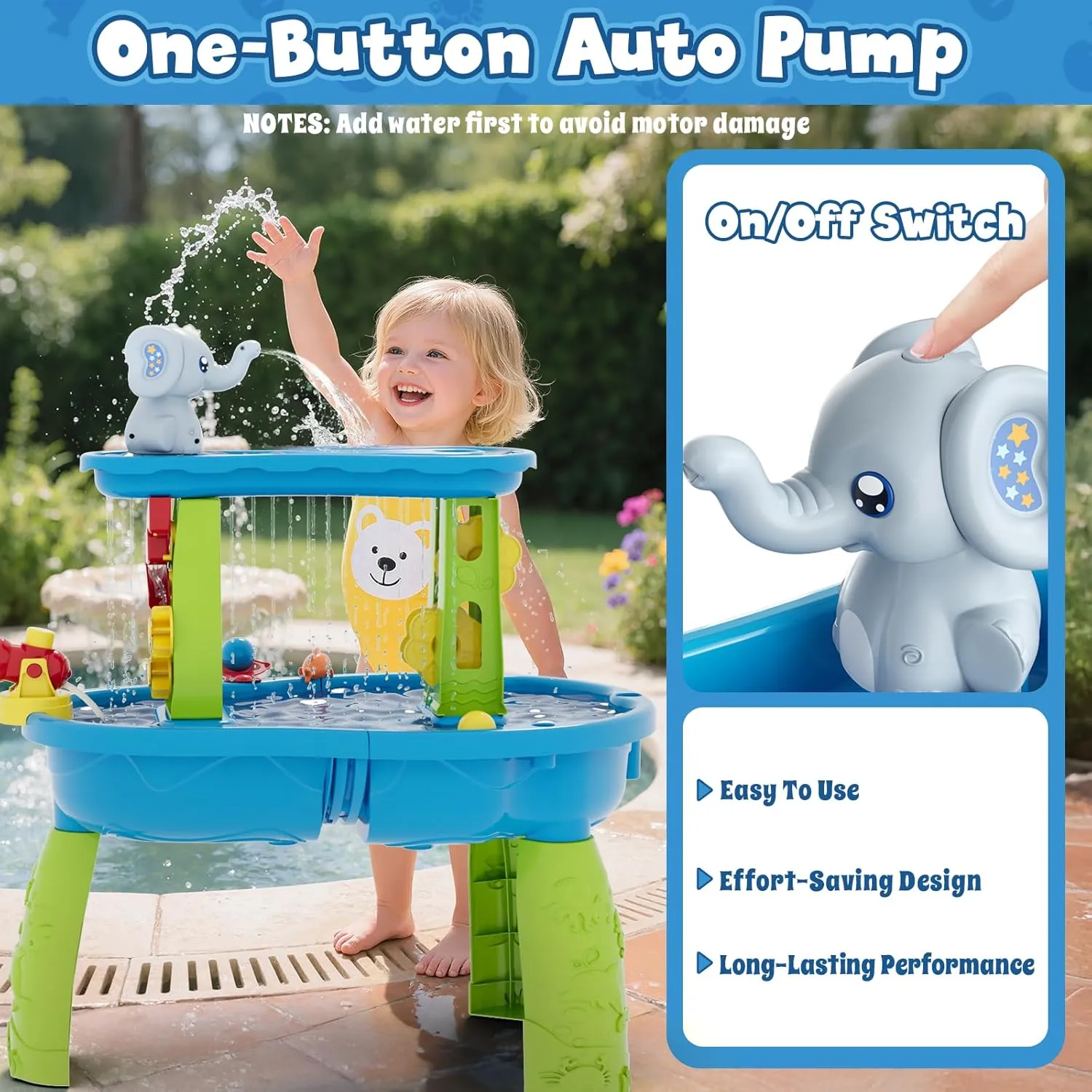 Water Table Pump-Cordless & Rechargeable, Elephant Water Pump for Water Play Table, Outdoor Sand/Water Table Accessories Toys, Outside Summer Beach Toy Gifts for Toddlers Kids, Gray