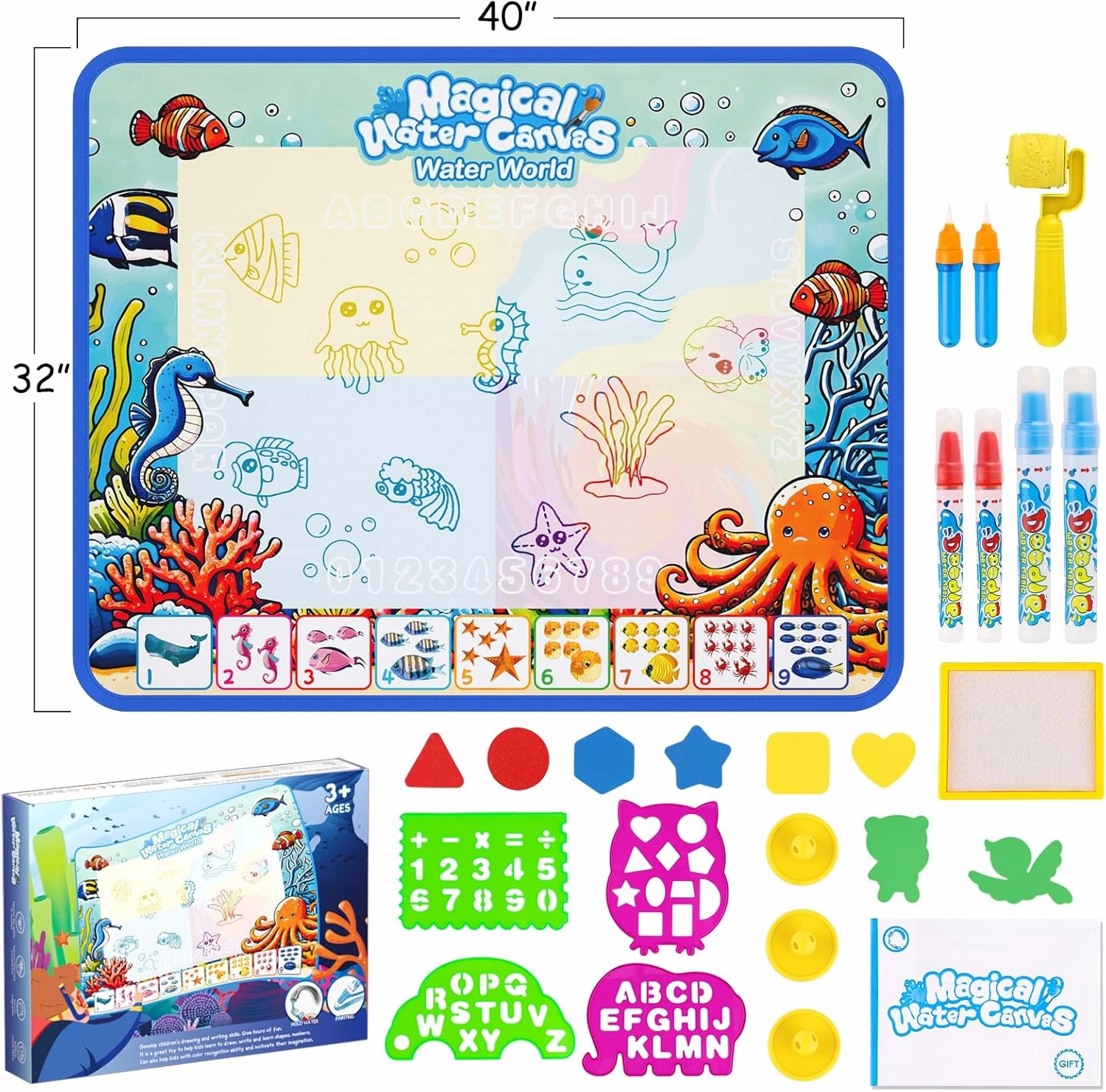 Water Doodle Mat,Kids Painting Mat, Toddlers Drawing Writing Toys,Reusable Coloring Mat, Birthday Christmas Gifts for 3 4 5 6 7 8 Years Old Boys Girls, 40 x 32 Inches