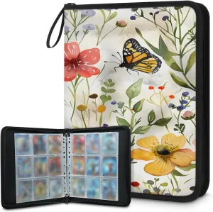 Watercolor Flowers 3 Ring Trading Zipper Binder Strap, Trading Card Binder 4 Pocket, 400 Pockets Card Holder with 50 Removable Sleeves for Game Cards