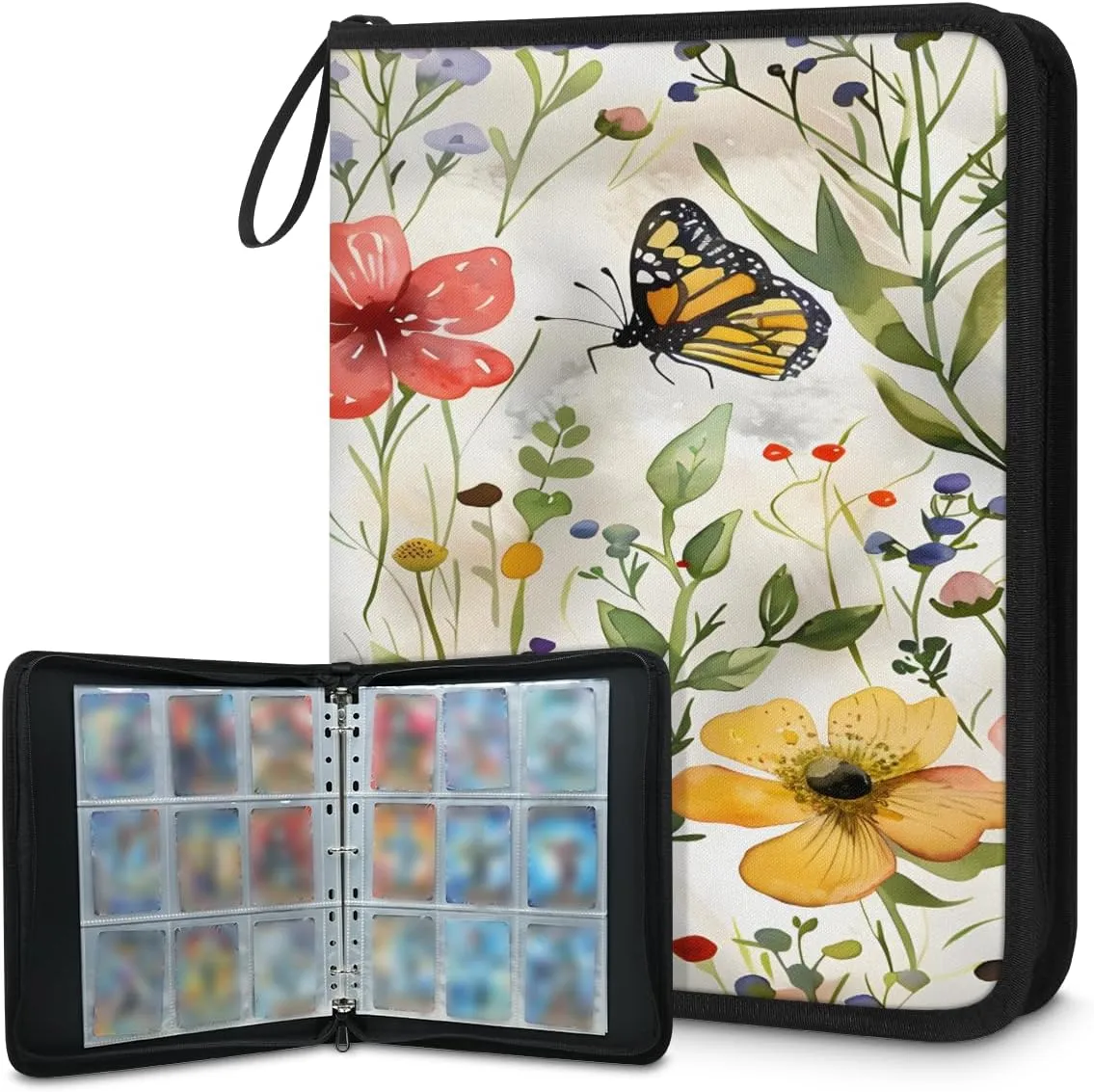 Watercolor Flowers 3 Ring Trading Zipper Binder Strap, Trading Card Binder 4 Pocket, 400 Pockets Card Holder with 50 Removable Sleeves for Game Cards