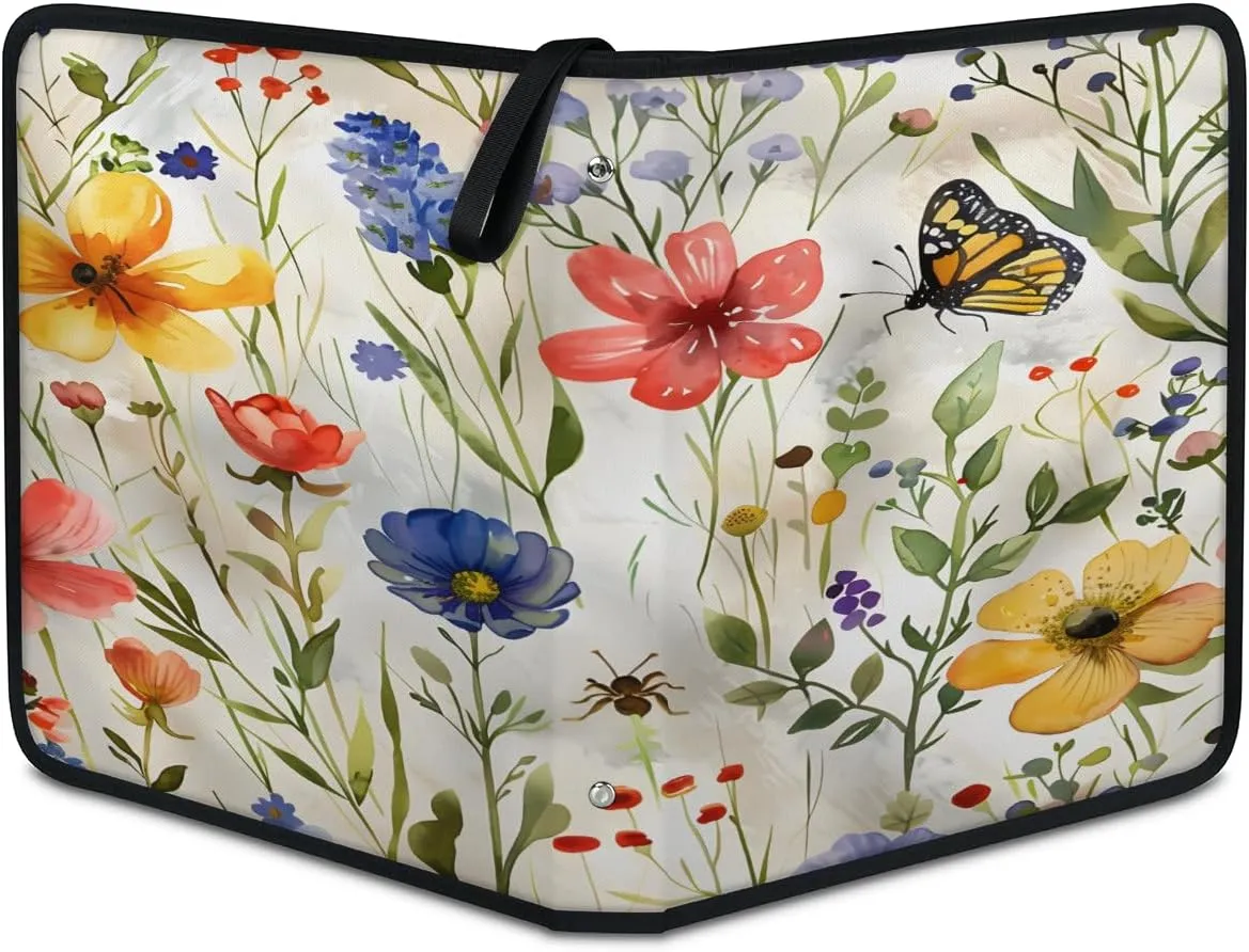 Watercolor Flowers 3 Ring Trading Zipper Binder Strap, Trading Card Binder 4 Pocket, 400 Pockets Card Holder with 50 Removable Sleeves for Game Cards