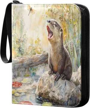 Watercolor Painting Otter Card Binder 4-Pocket, 400 Pockets Card Holder with 50 Removable Sleeves and Zipper for Games Baseball Football Sports Card