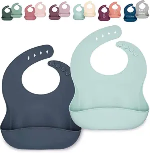 Waterproof Silicone Bib Set with Adjustable Neck Closure - Durable Silicone Bibs for Babies - Set of 2