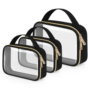 Wedama 3-Pack TSA Approved Toiletry Bags - PVC Cosmetic Bags with Double Zipper, Large Opening, Handles; Black