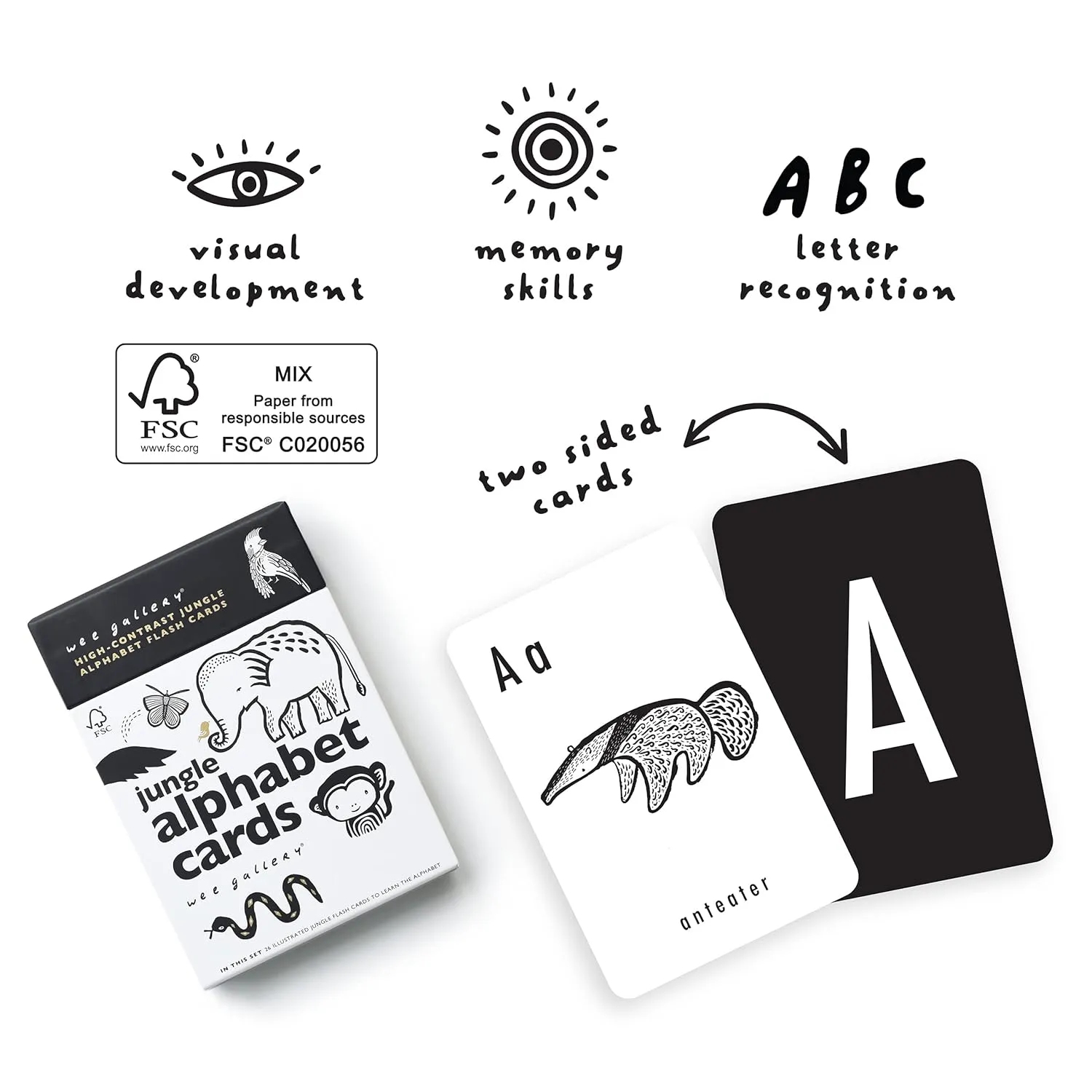 Wee Gallery Educational Flashcards for Babies, Double Sided Black and White Learning Flash cards, Jungle Animal Alphabet Cards for Visual Stimulation and Cognitive Development of Infants and Toddlers