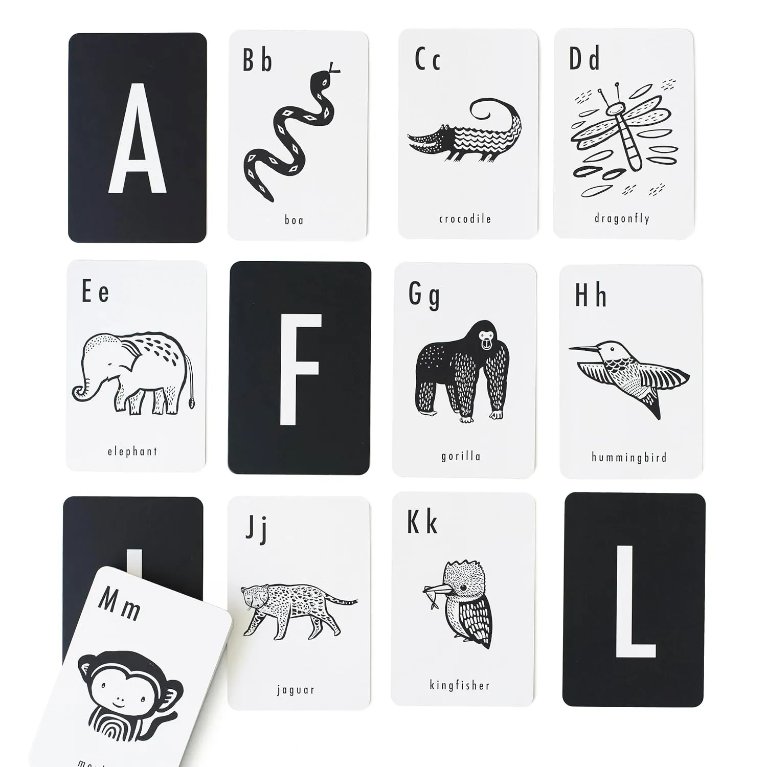 Wee Gallery Educational Flashcards for Babies, Double Sided Black and White Learning Flash cards, Jungle Animal Alphabet Cards for Visual Stimulation and Cognitive Development of Infants and Toddlers