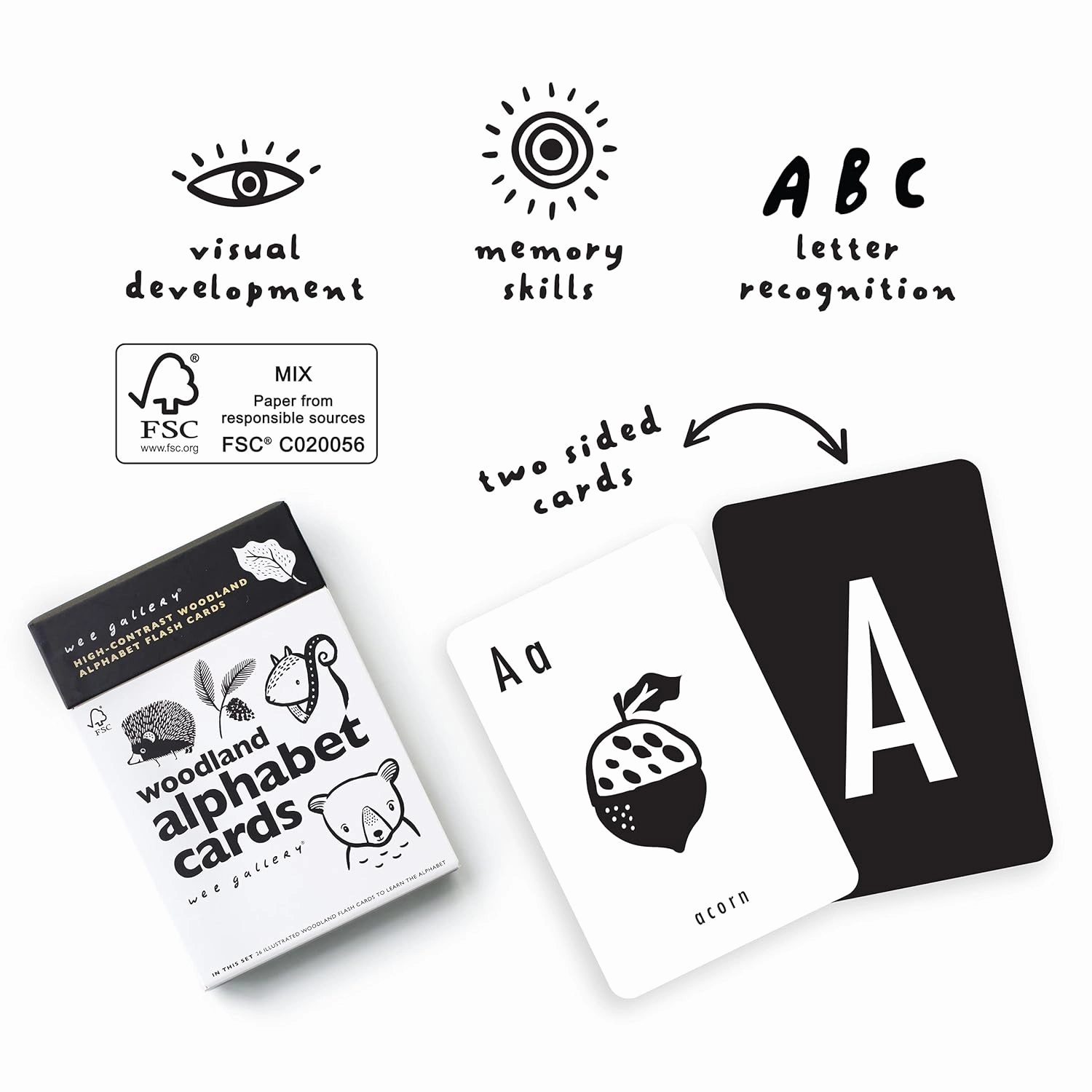 Wee Gallery Educational Flashcards for Babies, Double Sided Black and White Learning Flash cards, Woodland Animal Alphabet Cards for Visual Stimulation and Cognitive Development of Toddlers