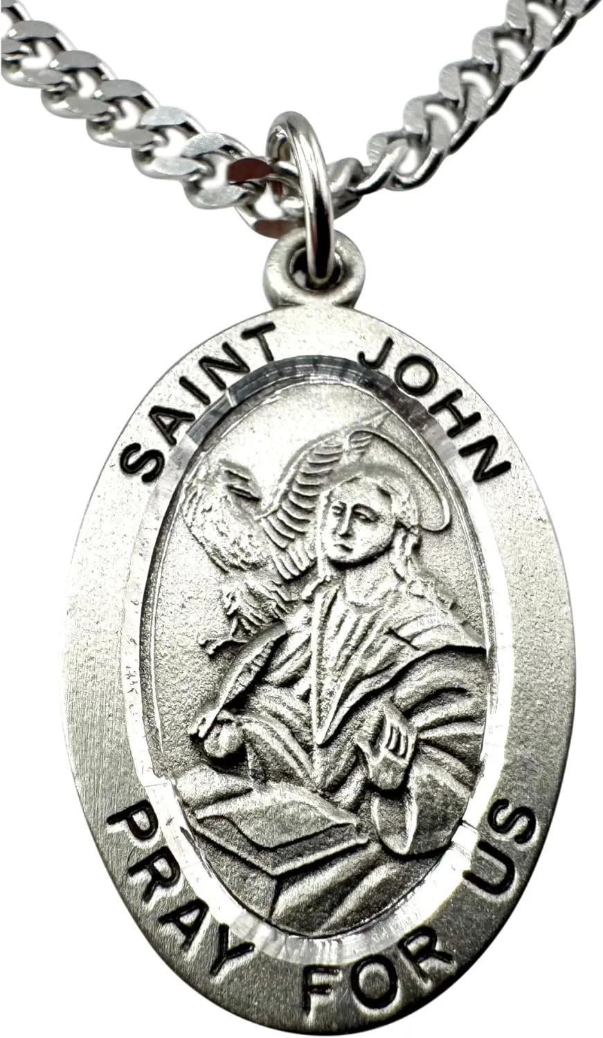 Westmon Works St John Pewter Medal Set Medallion on Stainless Steel Chain Boxed with Laminated Holy Card