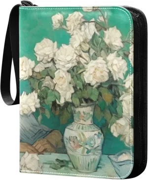 White Flower Painting Card Binder, 400 Pockets Card Holder with 50 Sleeves, Sturdy Card Holder Folders for Game Cards & Sports Cards