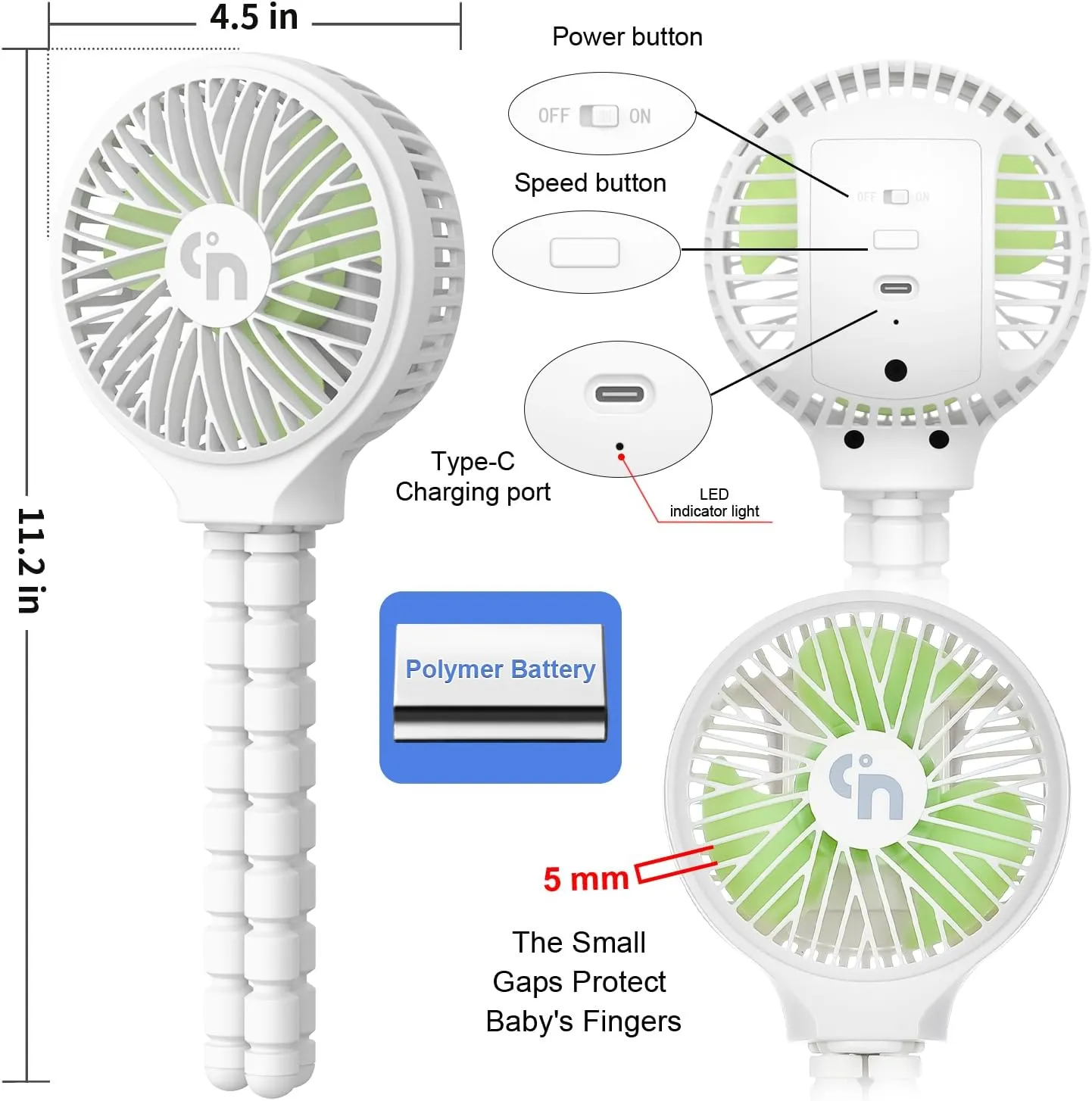 WiHoo Stroller Fan Clip On for Baby Battery Operated Fan Portable Fan Rechargeable Mini Handheld Car Seat Fan Small USB Desk Personal Fan for Stroller Accessories/Crib/Camping/Traveling