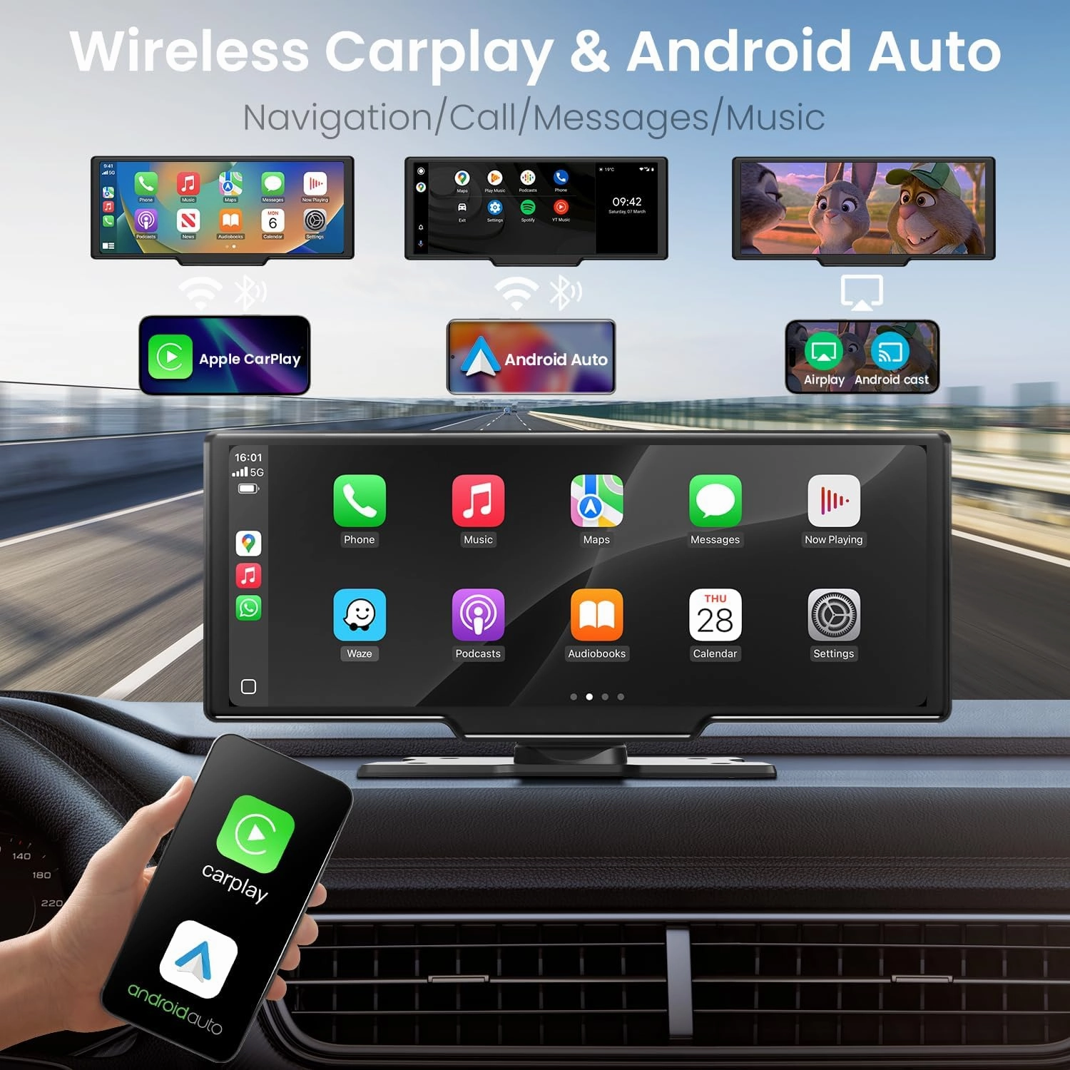 Wireless CarPlay & Android Auto Screen - 10.26 Inch HD Touch Screen with 4k Dash Cam Car Play Screen for Car, 1080p Backup Camera, Voice Control, Mirror Link, Bluetooth, Navigation
