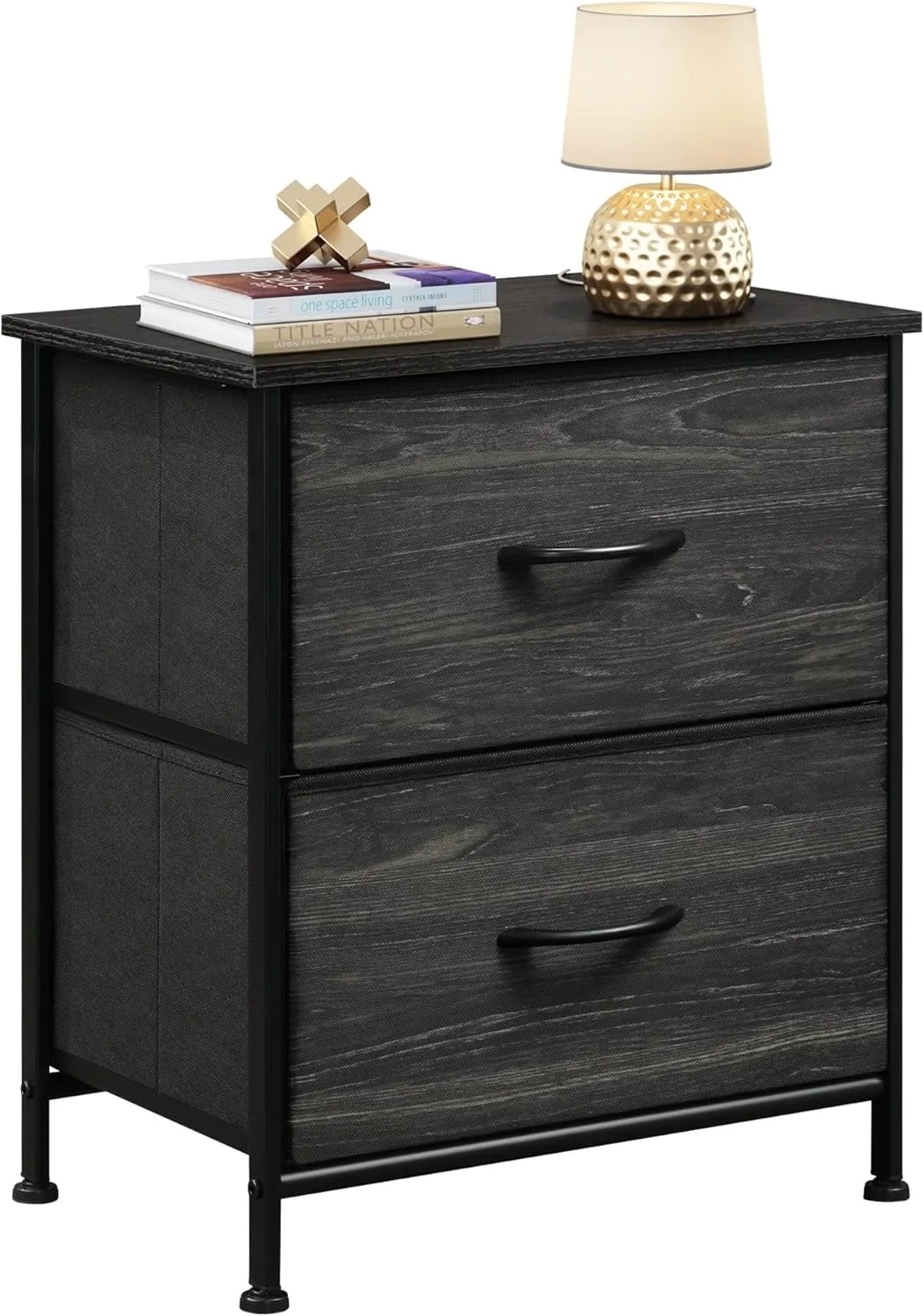 WLIVE Night Stand, Small Dresser with Drawers, Dresser for Bedroom with 2 Fabric Drawer, Black Bedside Table End Table, Dorm Nightstand, Closet Organizer, Charcoal Black Wood Grain Print