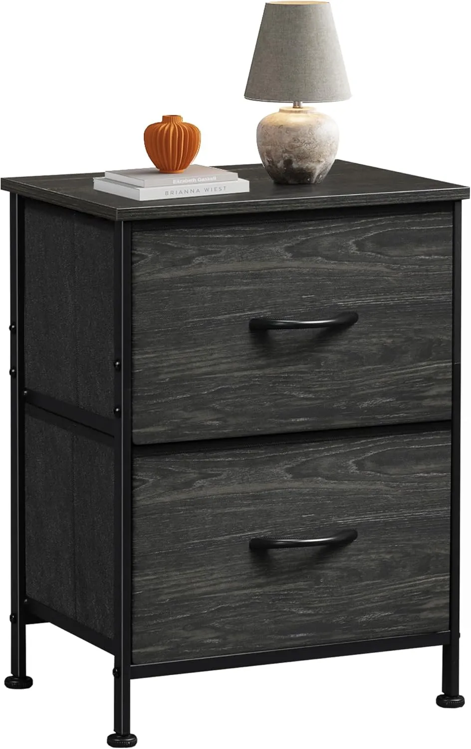 WLIVE Night Stand, Small Dresser with Drawers, Dresser for Bedroom with 2 Fabric Drawer, Black Bedside Table End Table, Dorm Nightstand, Closet Organizer, Charcoal Black Wood Grain Print