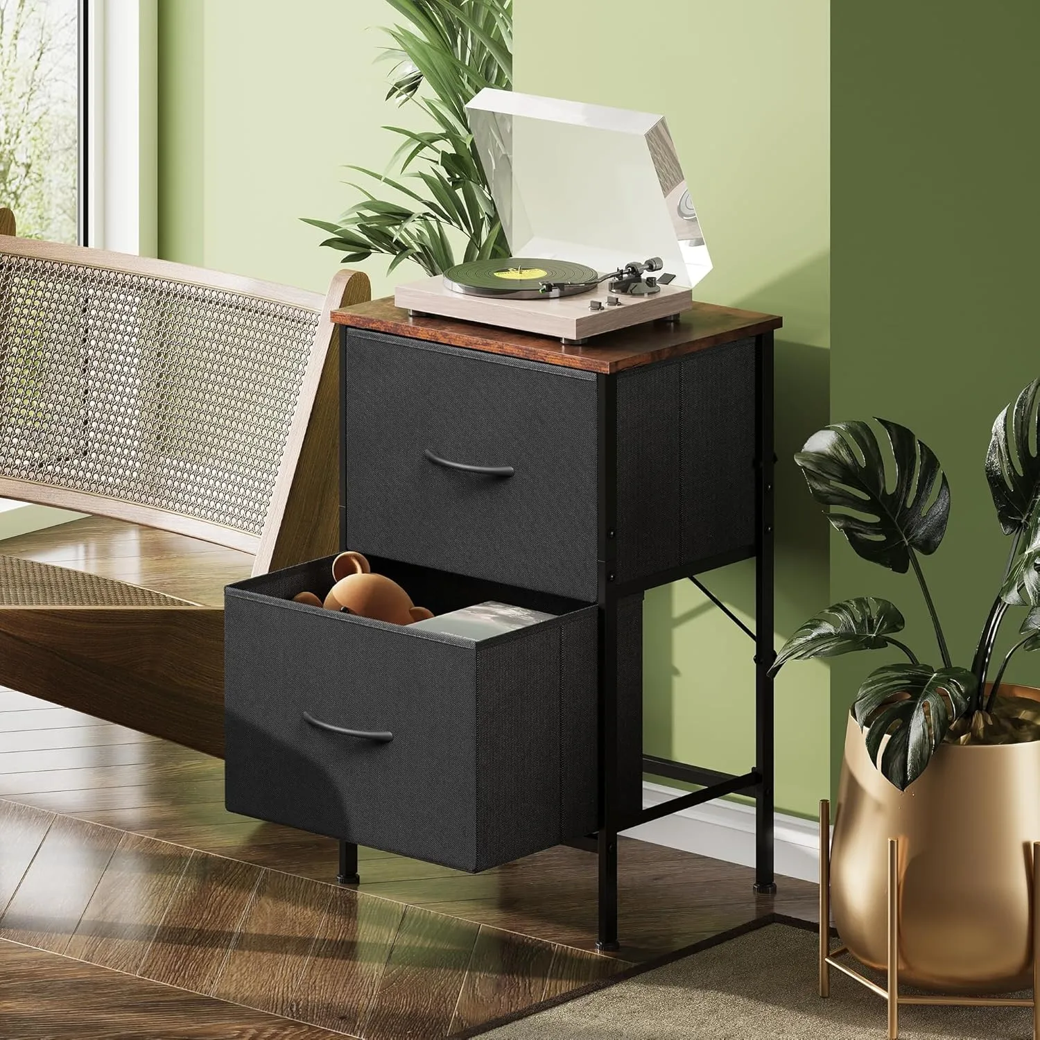 WLIVE Nightstand, Nightstand with 2 Drawers, Bedside Furniture, Night Stand, Small Dresser for Bedroom, College Dorm, End Table with Fabric Bins, Dormitory, Black and Rustic Brown, Size L