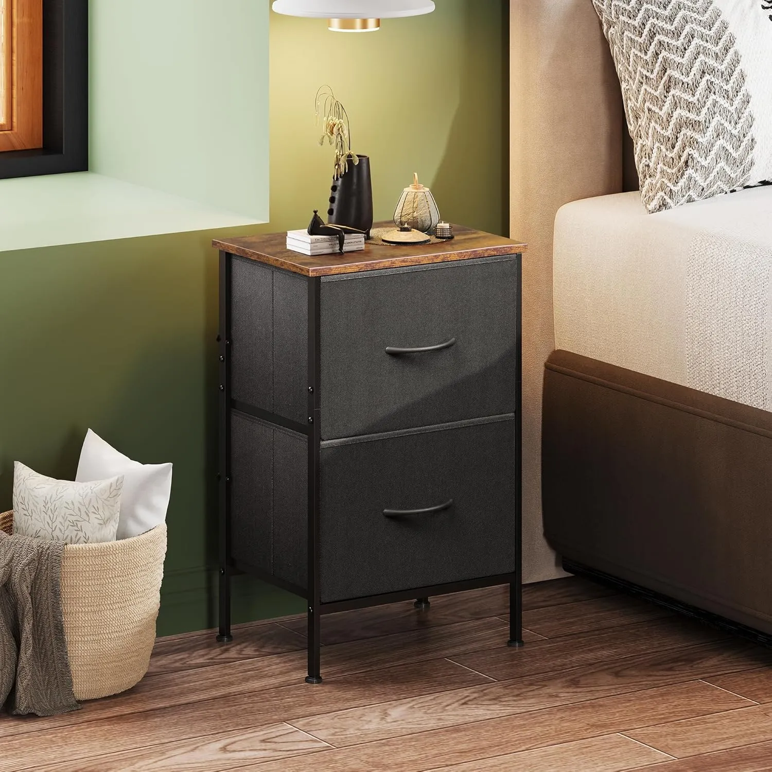 WLIVE Nightstand, Nightstand with 2 Drawers, Bedside Furniture, Night Stand, Small Dresser for Bedroom, College Dorm, End Table with Fabric Bins, Dormitory, Black and Rustic Brown, Size L