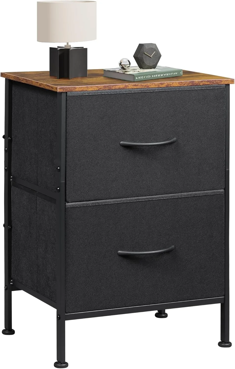 WLIVE Nightstand, Nightstand with 2 Drawers, Bedside Furniture, Night Stand, Small Dresser for Bedroom, College Dorm, End Table with Fabric Bins, Dormitory, Black and Rustic Brown, Size L