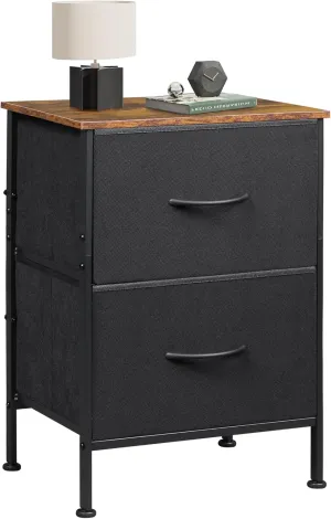 WLIVE Nightstand, Nightstand with 2 Drawers, Bedside Furniture, Night Stand, Small Dresser for Bedroom, College Dorm, End Table with Fabric Bins, Dormitory, Black and Rustic Brown, Size L